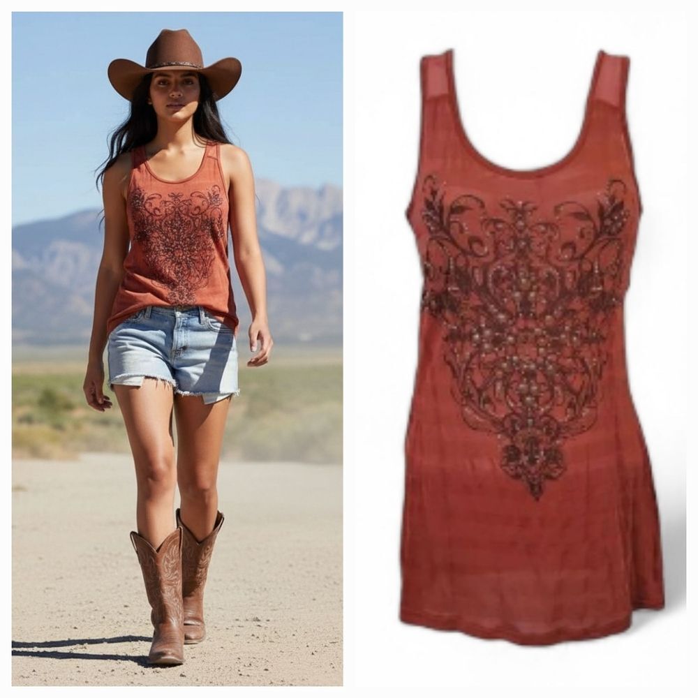 Y2K Miss Me Mulberry Silk Rhinestone Metal Studded Sleeveless Tank Top Size S
